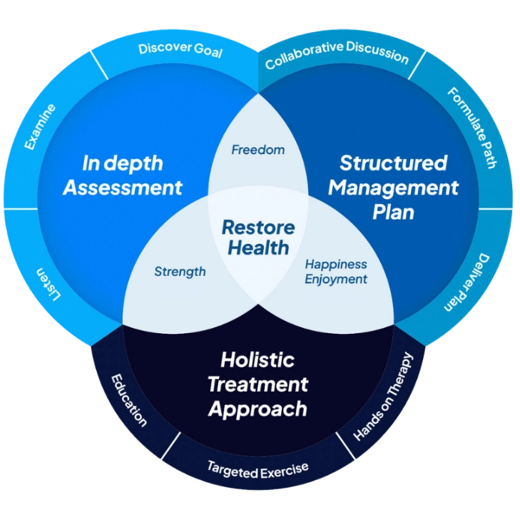 The Essential Health Pathway — In-depth Assessment, Structured Management Plan, Holistic Treatment Approach, converging on Restore Health